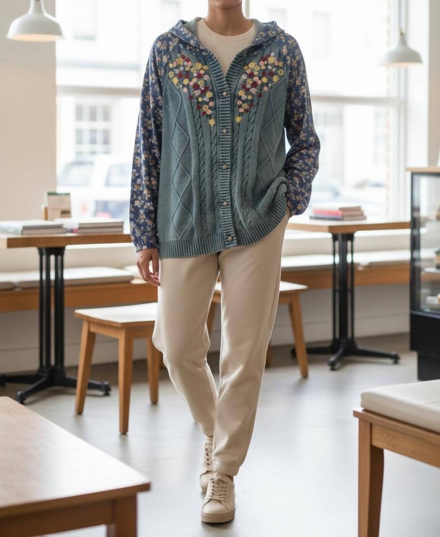 Pol - Embroidered Cable Knit Floral Hoodie Cardigan