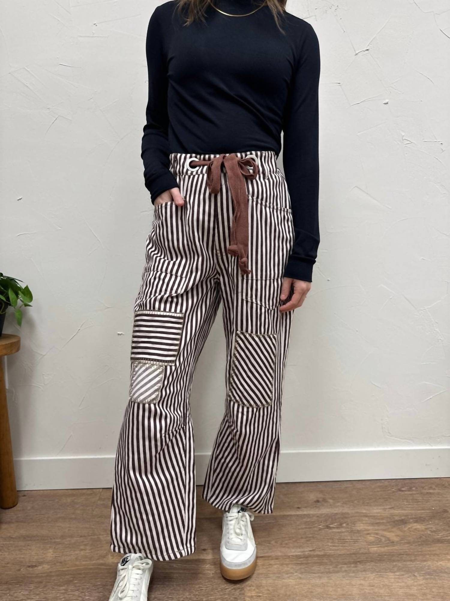 ee:some Striped Drawstring Barrel Pant in brown cream - women's pants
