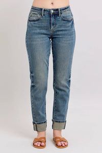 Judy Blue - Vintage Wash Panel And Double Roll Cuff Boyfriend Jeans