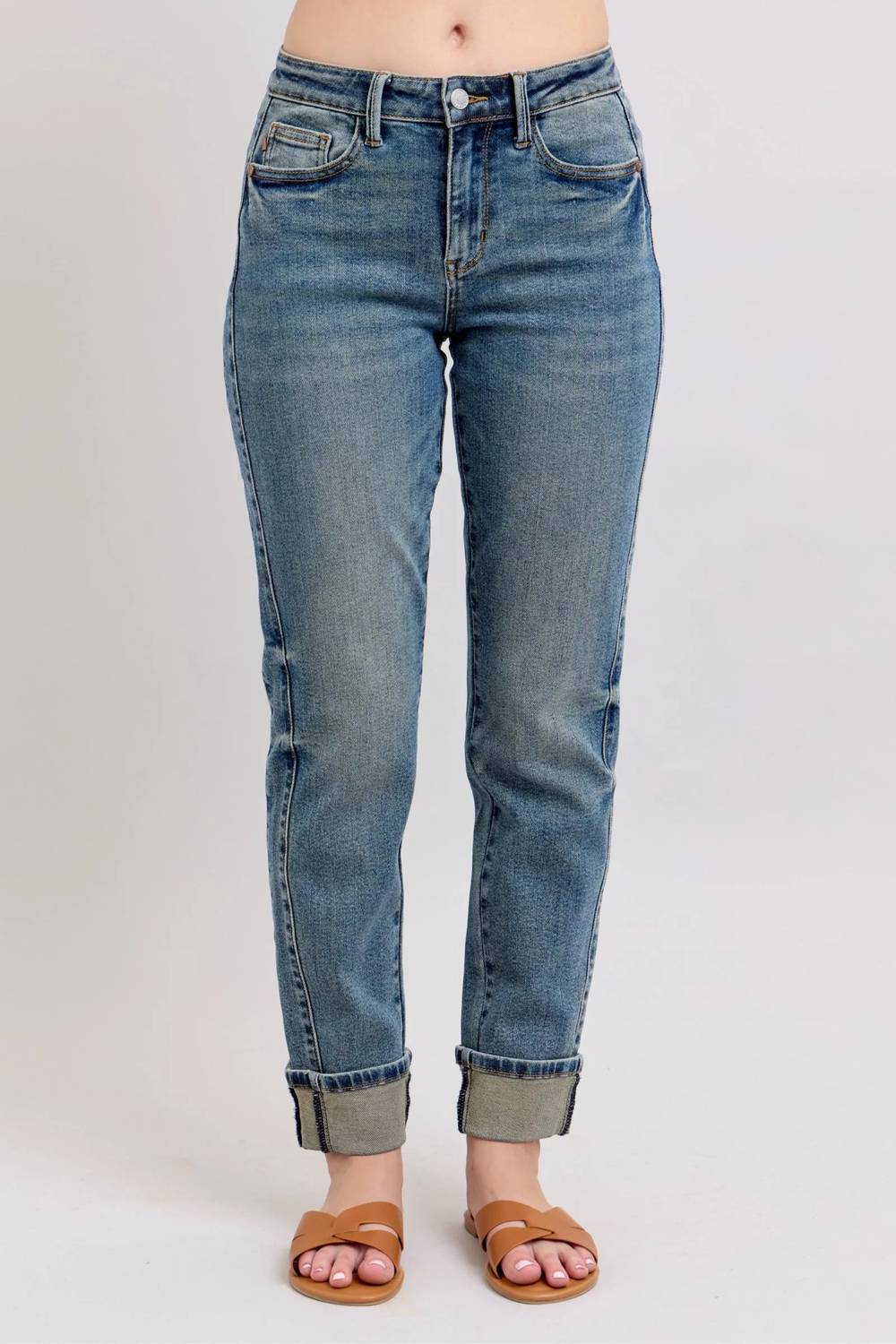 Judy Blue - Vintage Wash Panel And Double Roll Cuff Boyfriend Jeans