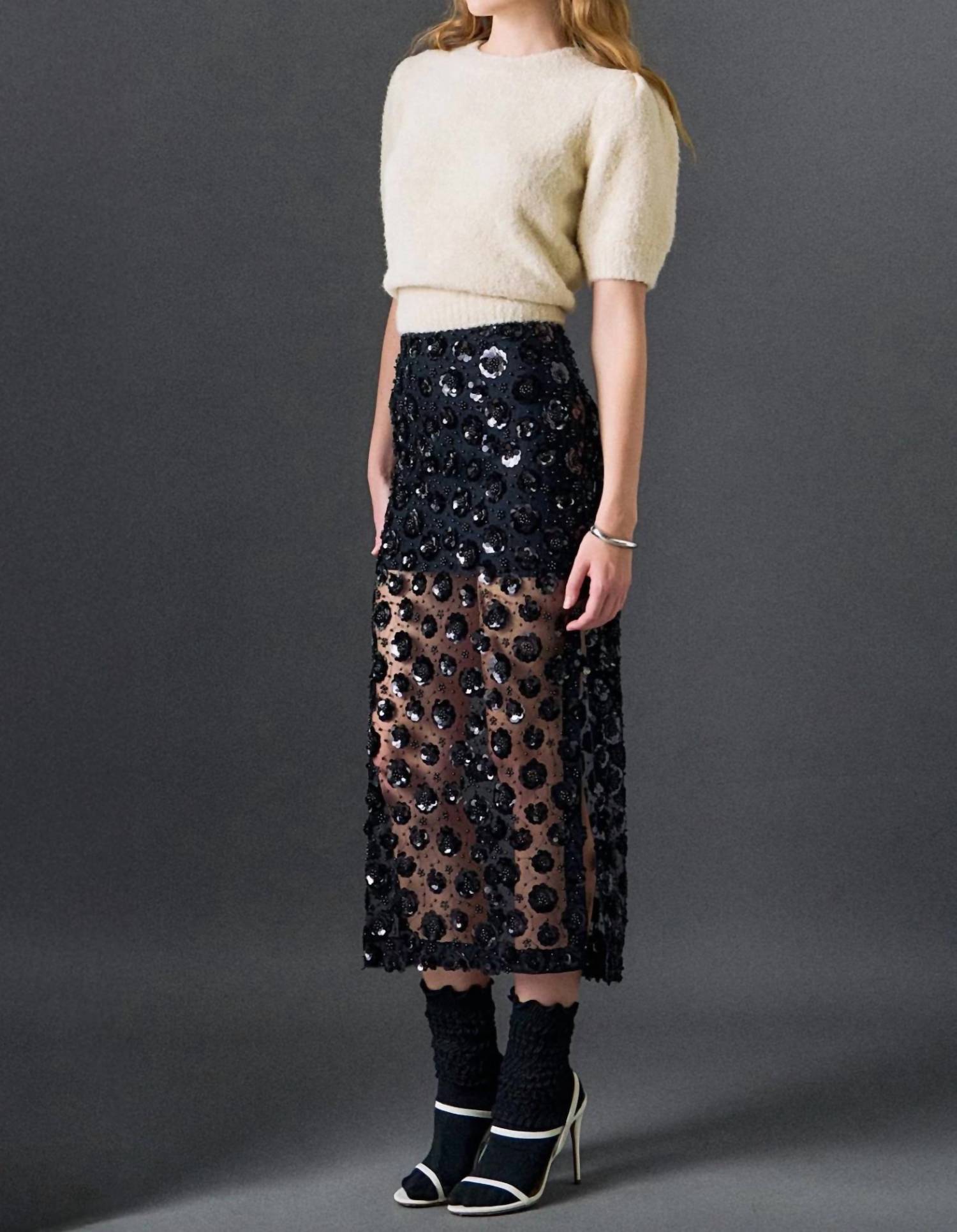 English Factory - Women's Flower Sequin Sheer Midi Skirt