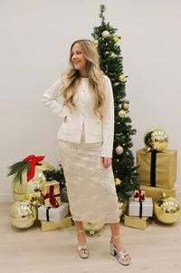 Mable - Bouquet Sequin Floral Applique Midi Skirt