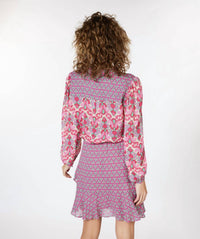 ESQUALO Macy Multi Abstract Floral Print Blouse in pink jade green - women's blouse - detail view