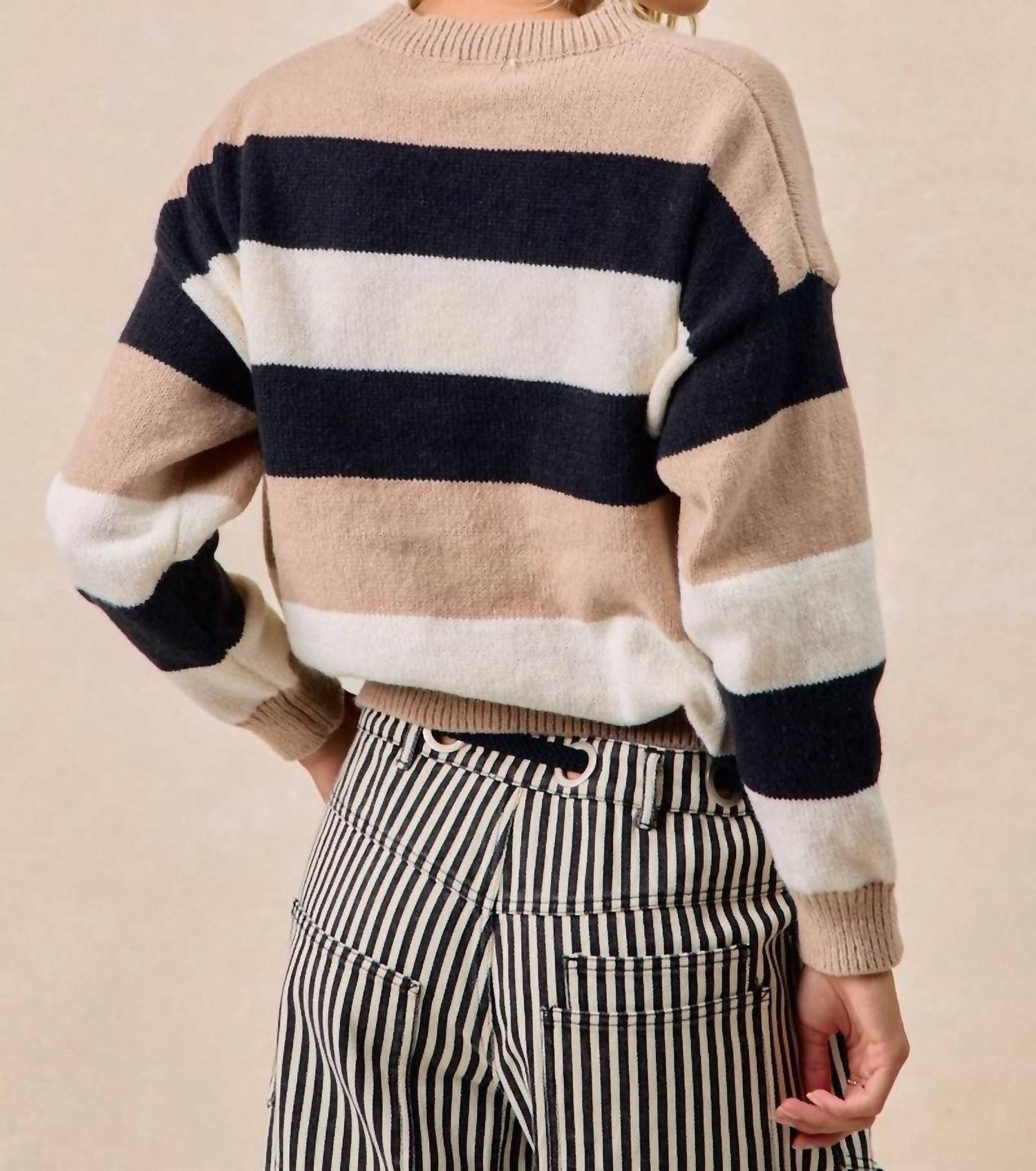 BiBi Women's Striped Sweater in black oatmeal - women's sweater - detail view