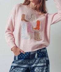 Urban Daizy Western Embroidered Cowboy Boot Sweater in pink - women's sweater - view 5