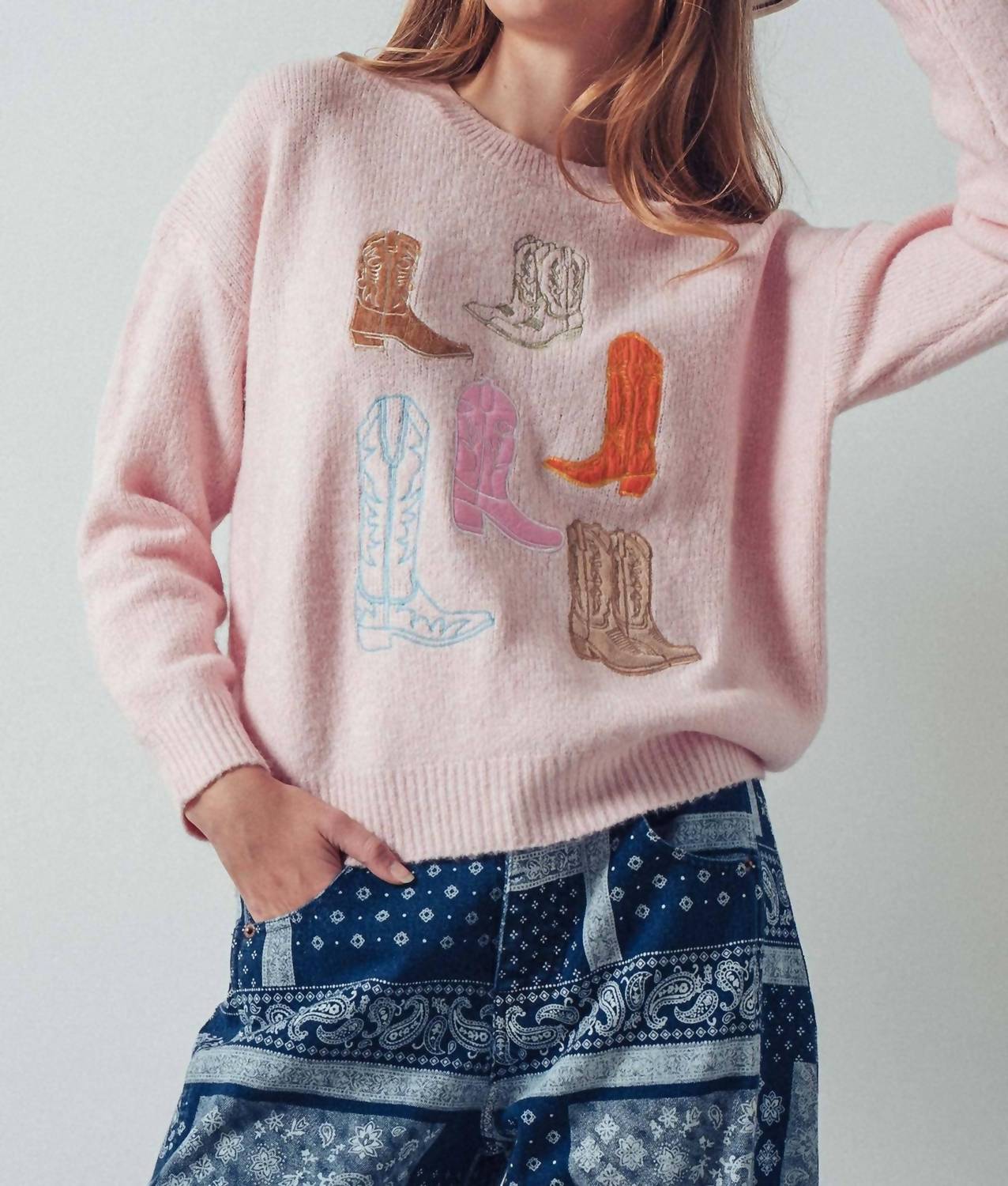 Urban Daizy Western Embroidered Cowboy Boot Sweater in pink - women's sweater - view 5