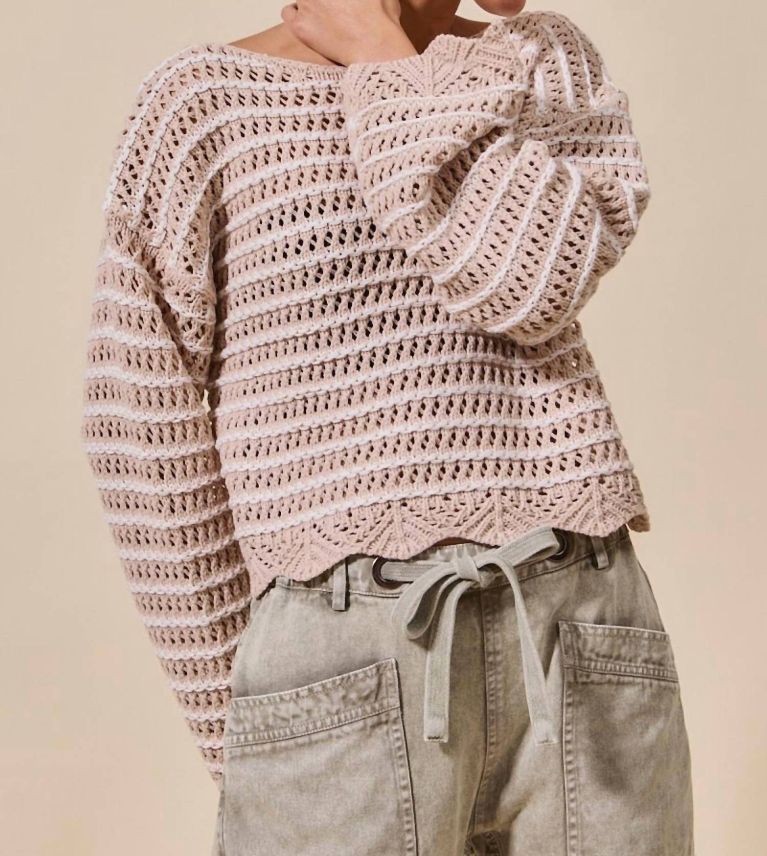 So Me - Scallop Edge Textured Stripe Sweater