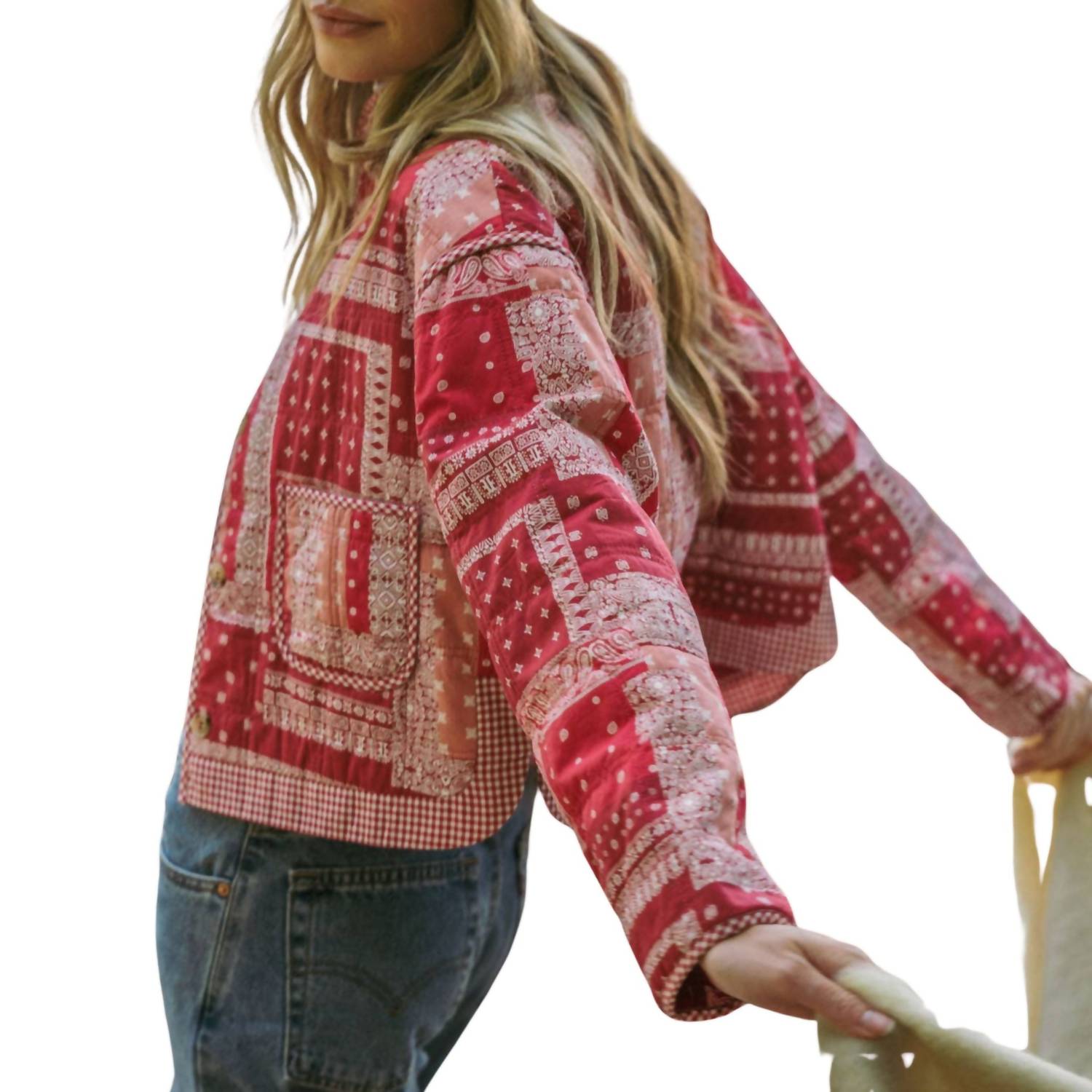 &merci Bandana Patchwork Quilted Jacket in red bandana - women's jacket - detail view