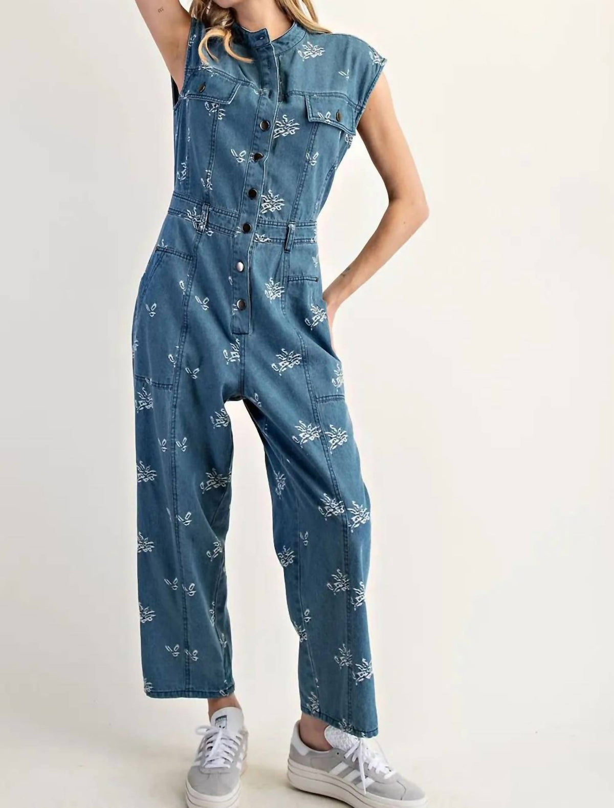 Ee:Some - Floral Embroidered Denim Cap Sleeve Jumpsuit