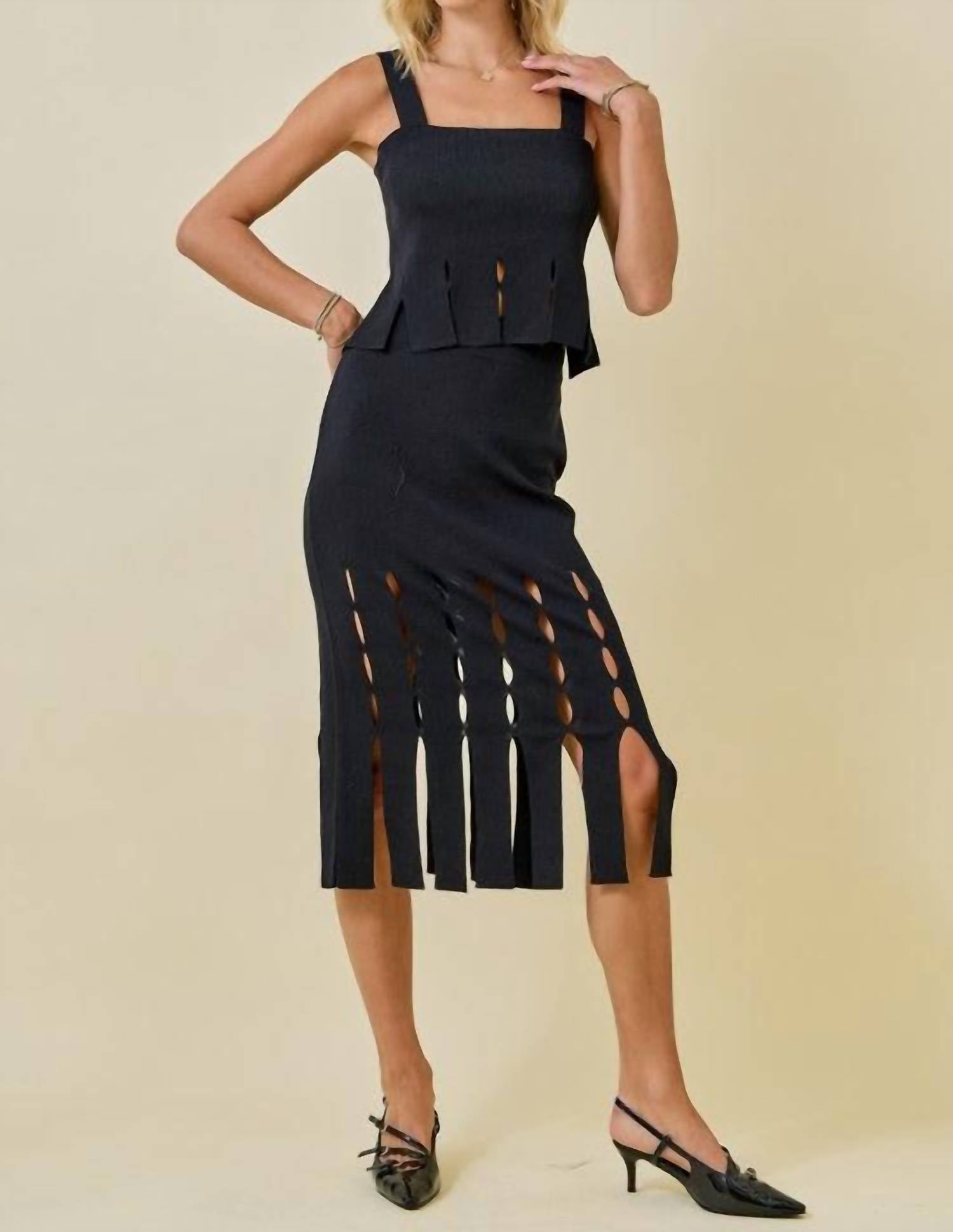 Day + Moon - Sweater Fringe Hem Midi Skirt