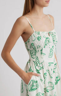 Moon River - Doodle Line Print Smocked Waist Midi Dress
