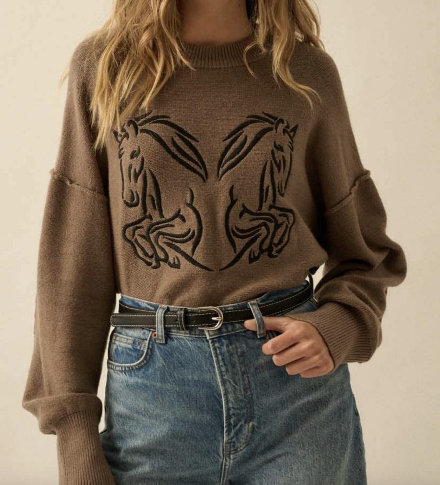 PROMESA Embroidered Horses Sweater in brown - women's sweater