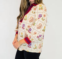 Entro - Floral Printed Contrast Split Neck Top
