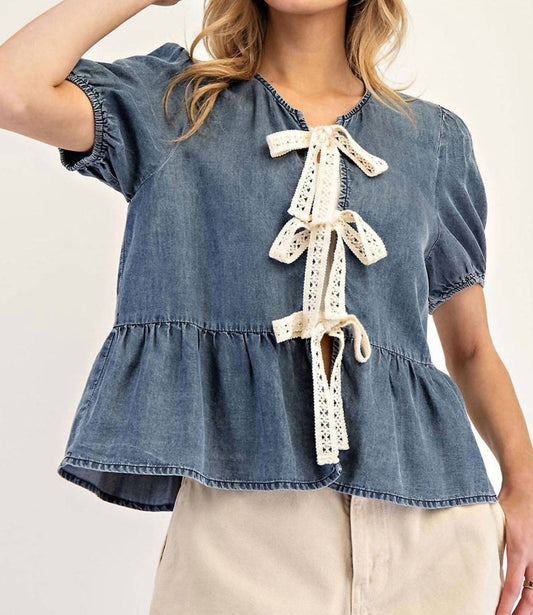 Ee:Some - Better With Lace Bow Denim Top