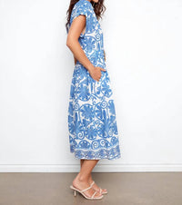 Charlie B - Printed Eyelet Cotton Short Sleeve Dress With Belt at Waist