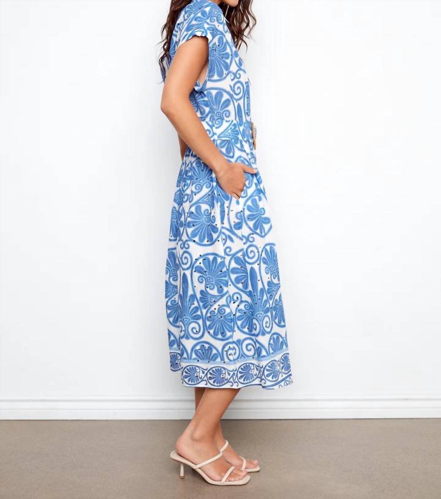 Charlie B - Printed Eyelet Cotton Short Sleeve Dress With Belt at Waist