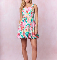 Peach Love - Scalloped Floral Bubble Hem Mini Dress