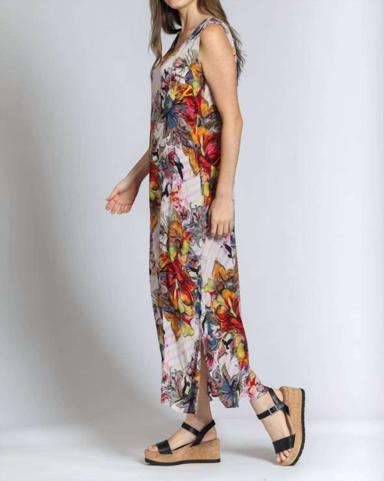 APNY V-neck Tank Long Dress in yellow red multi - women's dress - detail view