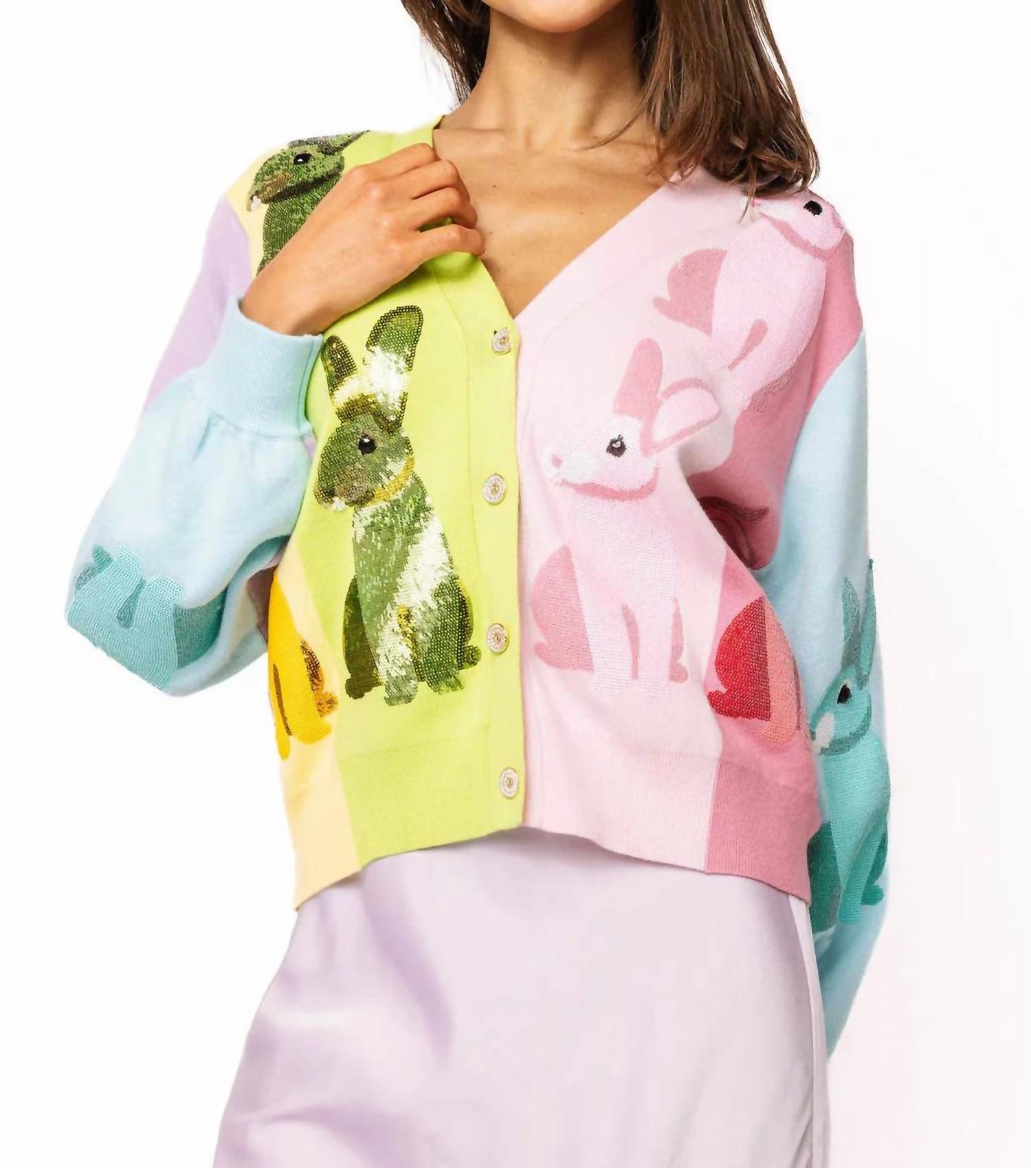 Queen Of Sparkles - Rainbow Colorblock Easter Bunny Button Up Cardigan