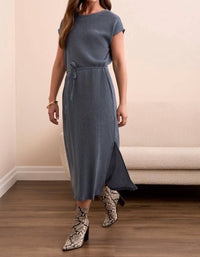 Tribal - Two-tone Crinkle Knit Belted Midi Dress