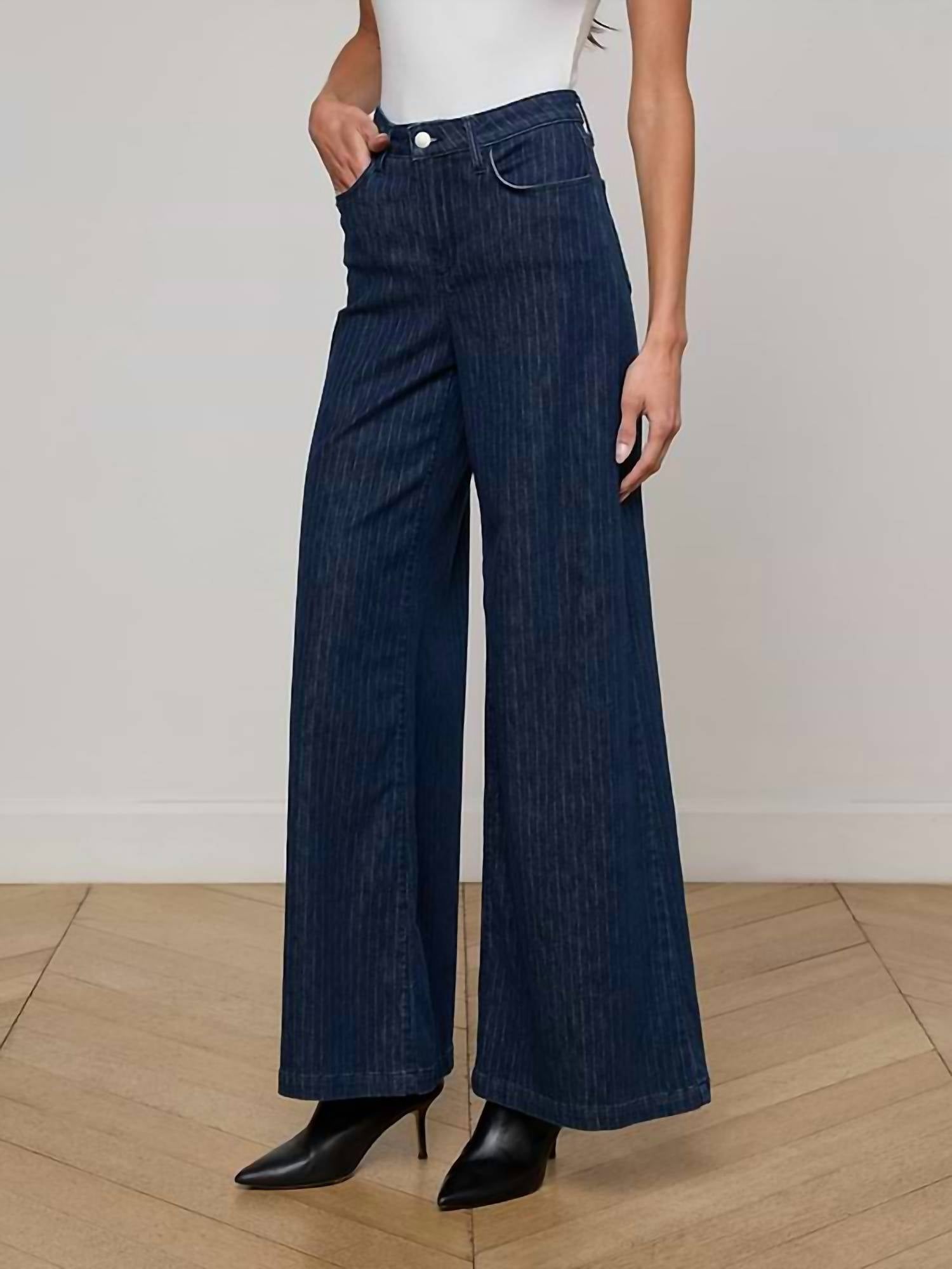 L'Agence Quincy Pinstriped Wide Leg Jean in ebony stripe - women's jeans - alternate view
