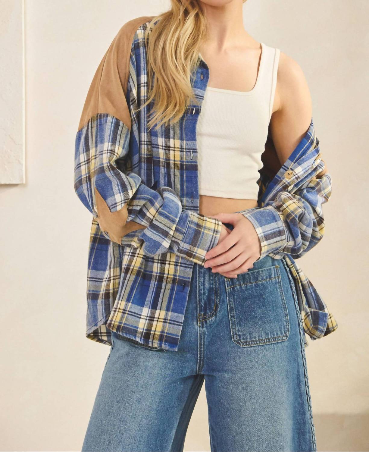 SAGE+FIG Skylar Star Patchwork Plaid Flannel Shirt in blue - women's shirt - view 6