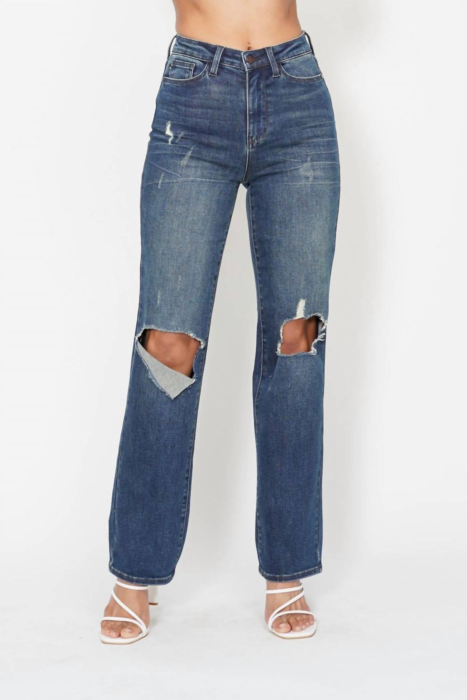 Judy Blue High Waist Knee Ripped Dad Denim Jeans in medium wash - women's jeans - view 4