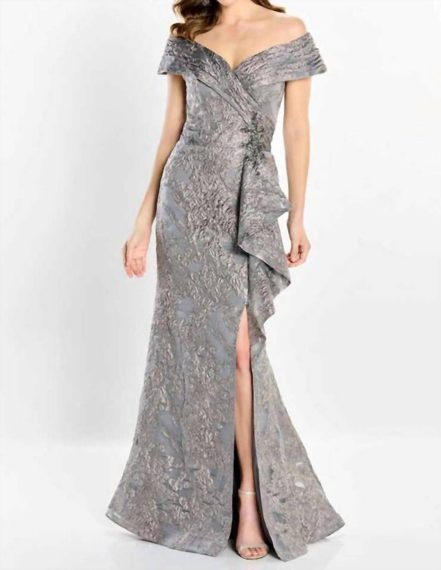 Montage by Mon Cheri Front Slit Off The Shoulder Dress in taupe - women's dress