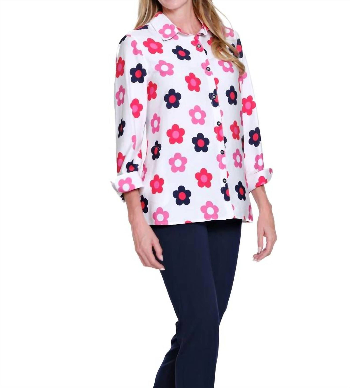 Multiples - Turn-up Cuff 3/4 Sleeve Button Front Shirt