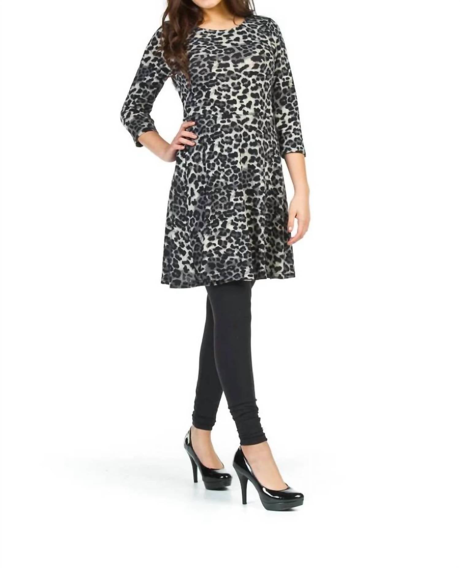Papillon - Leopard Print 3/4 Sleeve Fit And Flare Dress