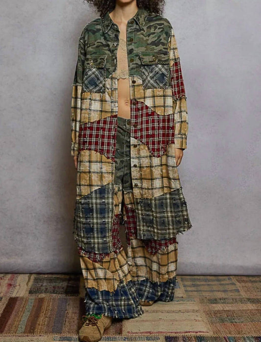 Pol - Patchwork Long Sleeve Plaid Woven Maxi Shirt