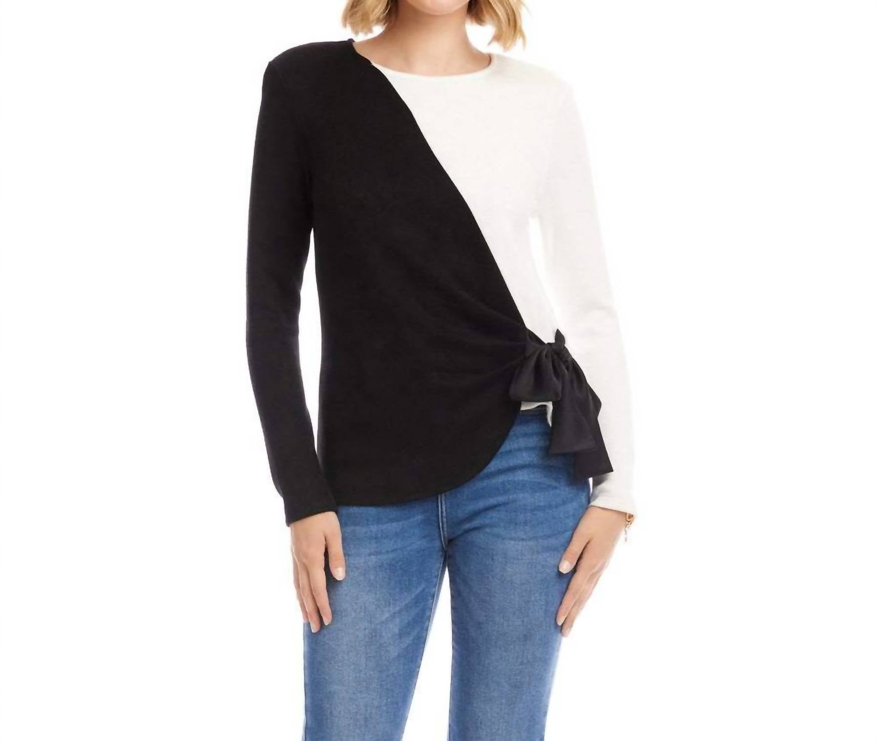 Karen Kane Long Sleeve Colorblock Satin Bow Top - Petite in black and ivory - women's blouse - detail view