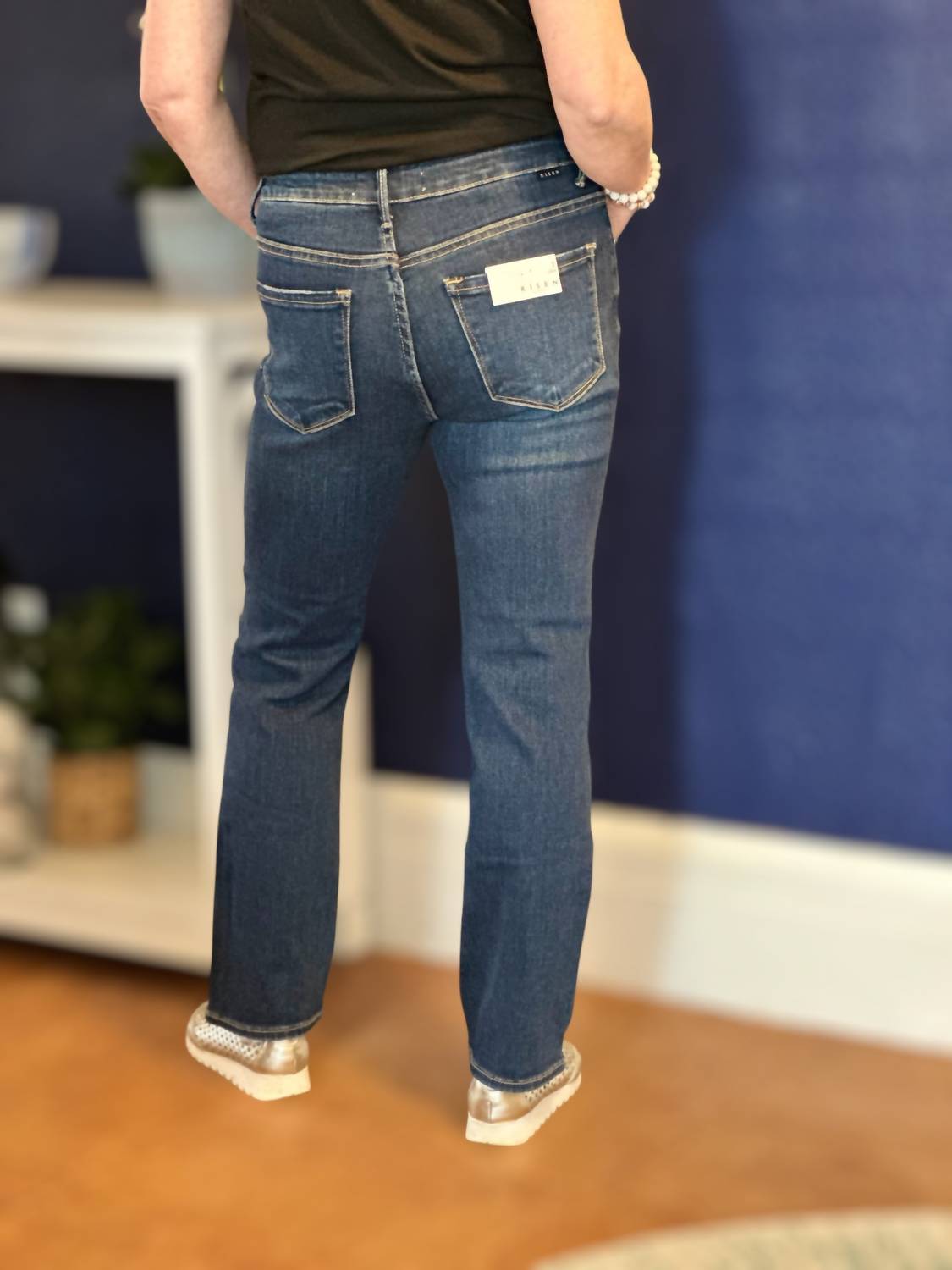 Amelia K. Luxe High Rise Slim Straight Jeans in dark rinse - women's jeans - detail view