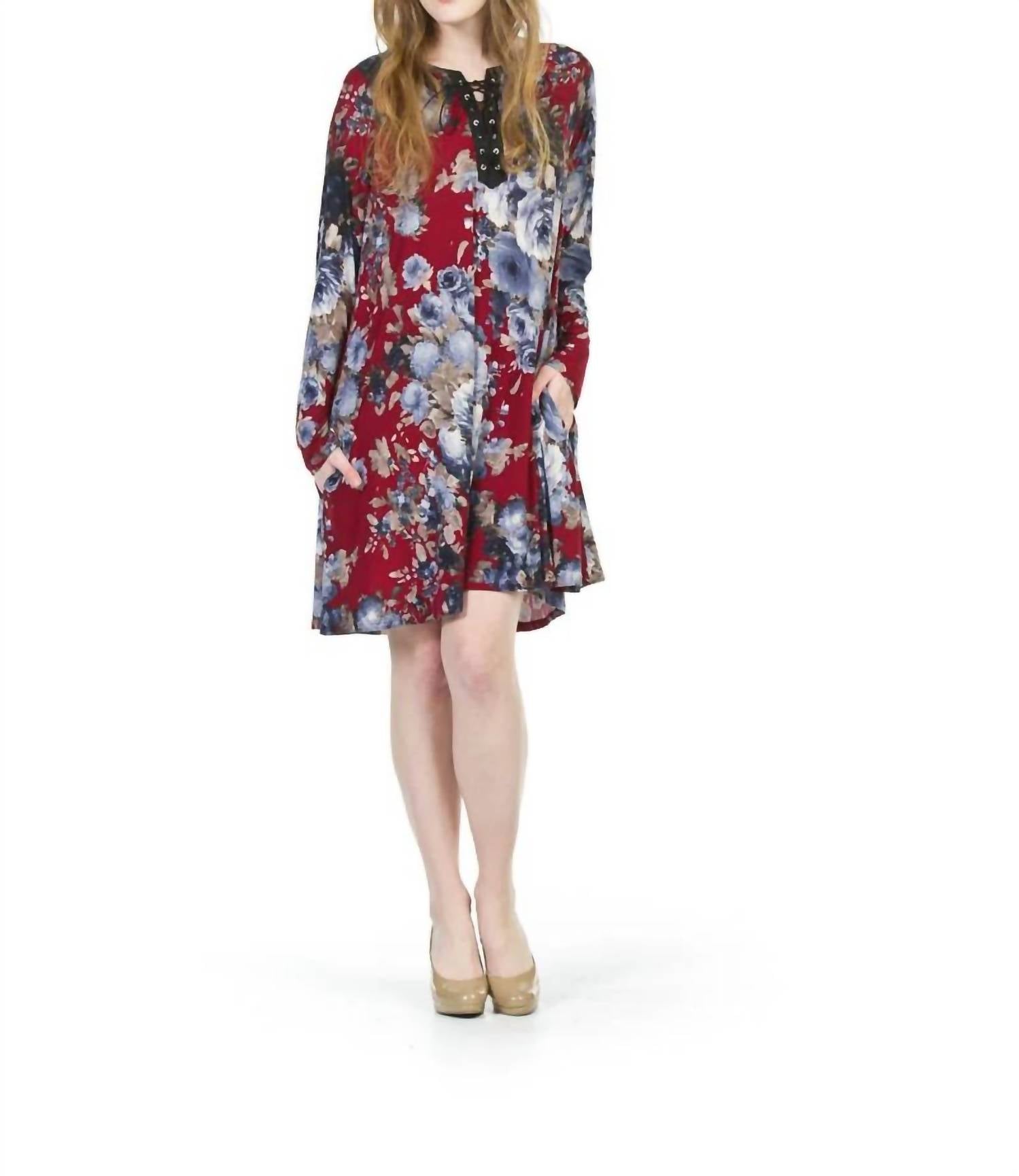 Papillon - Rose Print Sweater Dress With Lace-up Detail