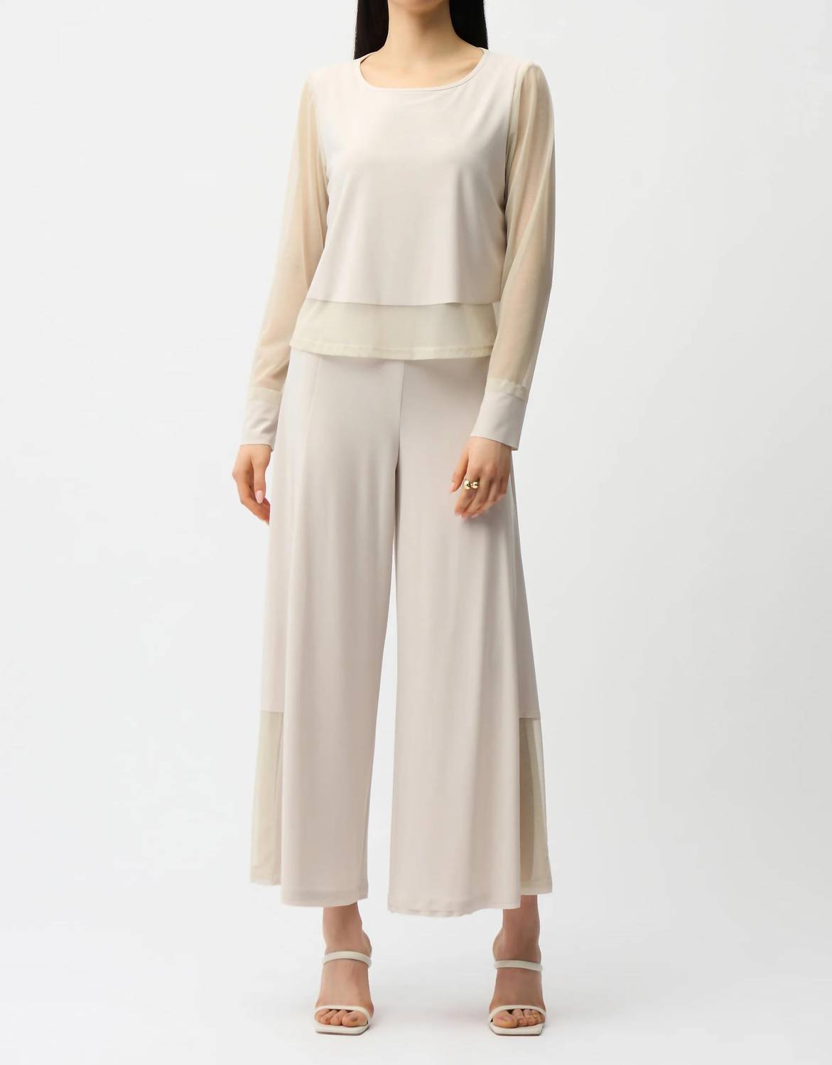 Joseph Ribkoff - Silky Knit Crewneck Top With Mesh Sleeves And Layered Lining