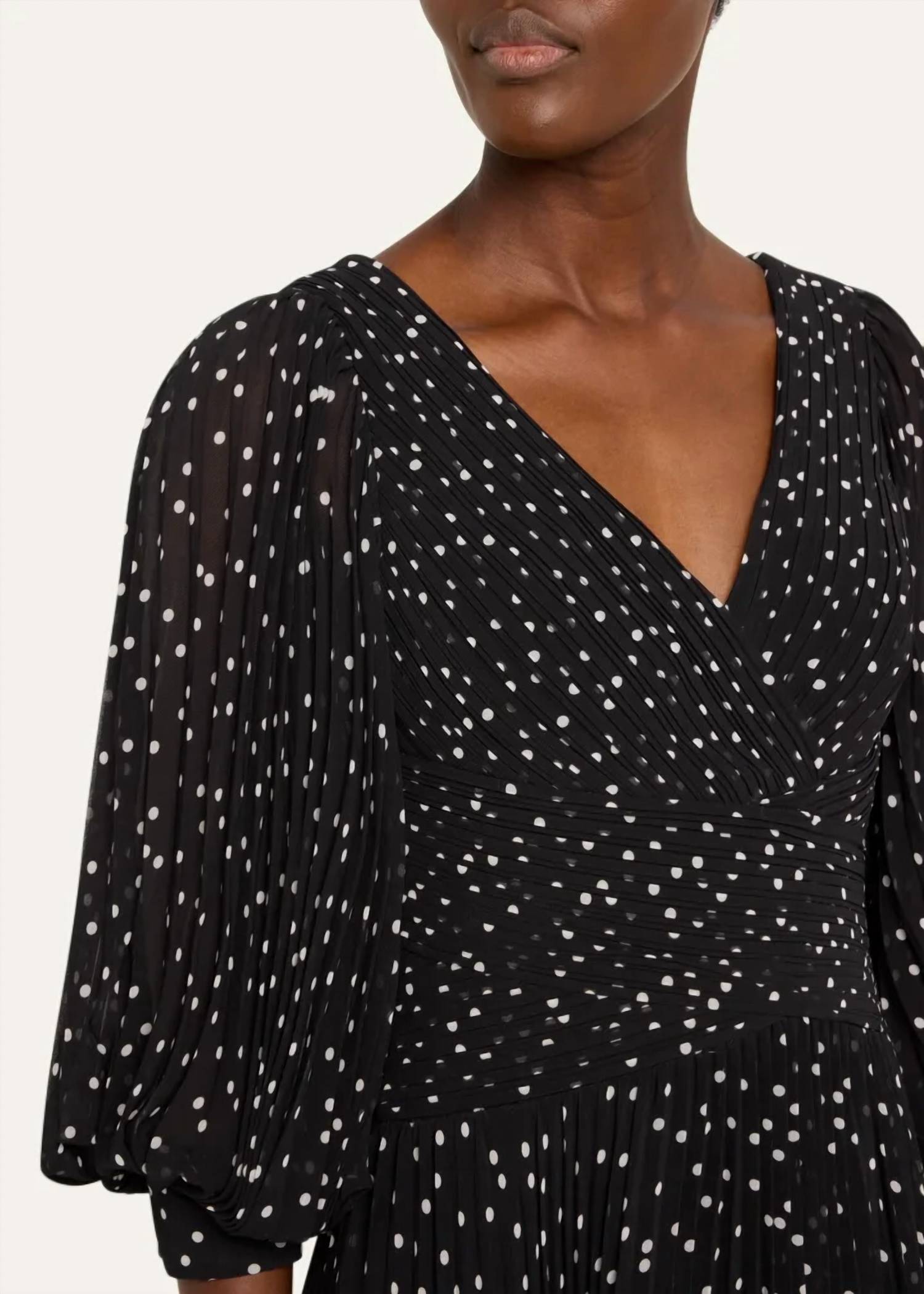 Teri Jon - Pleated Polka Dot Chiffon Gown