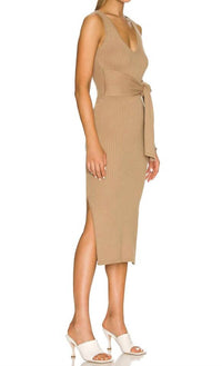 GOOD AMERICAN Rib Knit Tie Midi Dress in taupe - women's dress - detail view