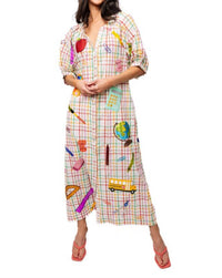QUEEN OF SPARKLES Teacher Icon Button Up Cotton Midi Dress in rainbow plaid - women's dress