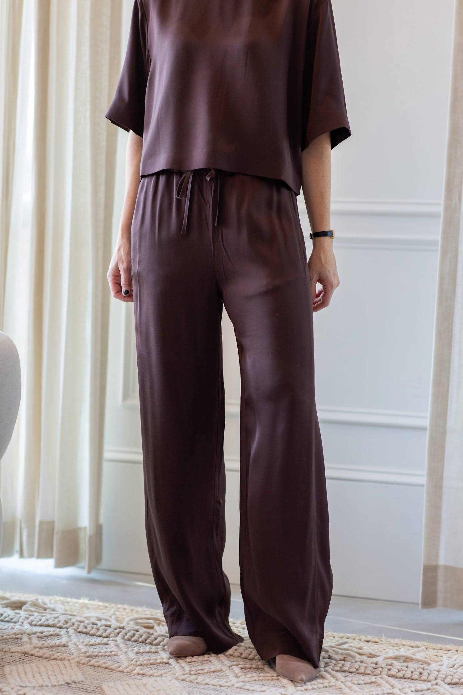 House of Dagmar Drawstring Pull-on Trousers in chocolate brown - women's pants - detail view