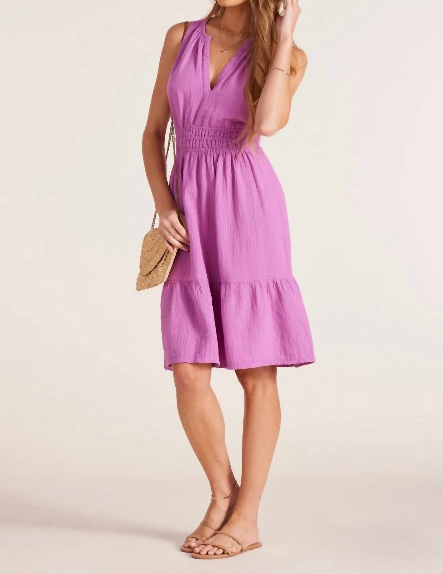 Bobi - Smocked Split Neck Midi Dress