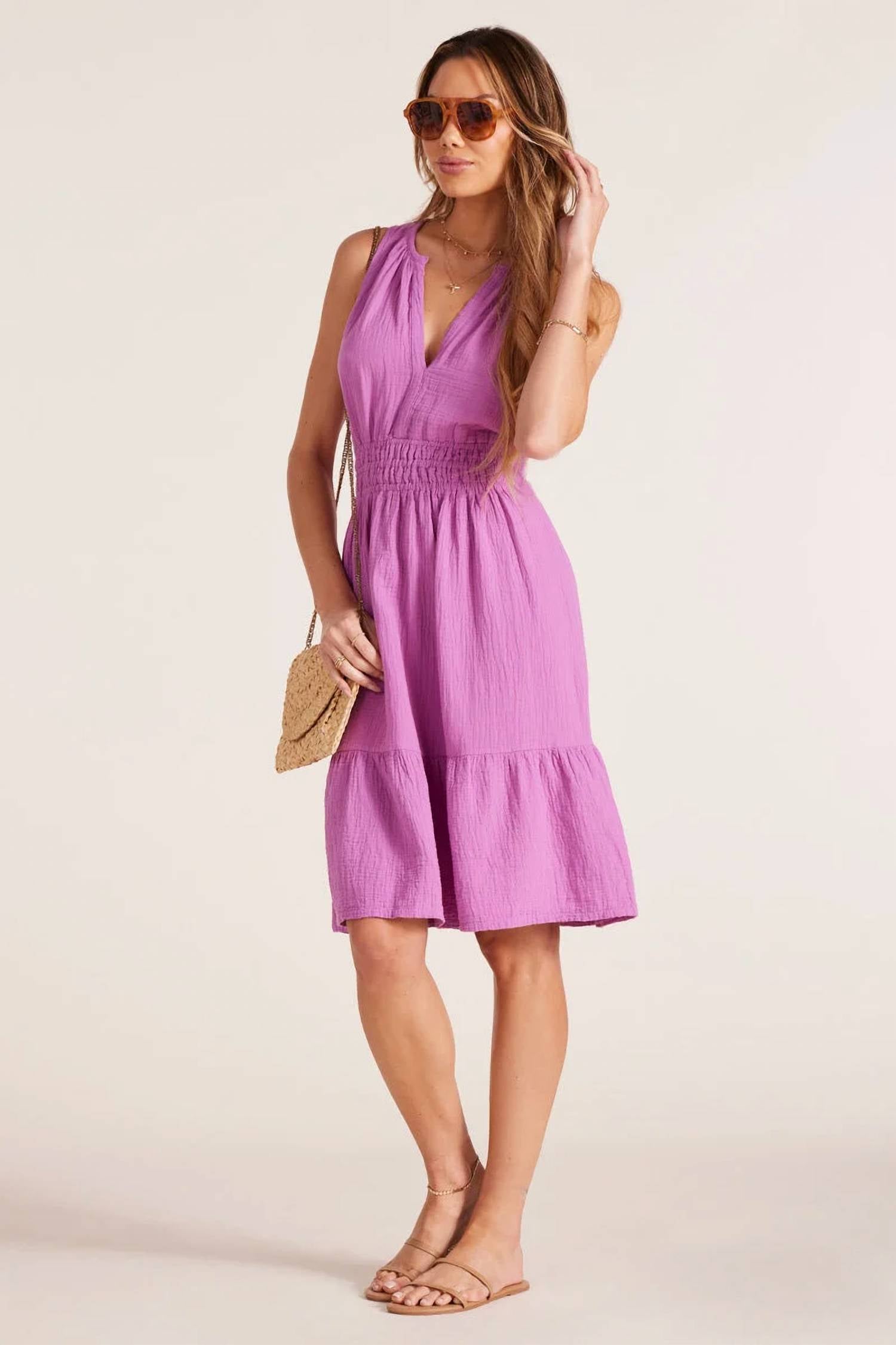Bobi - Smocked Split Neck Midi Dress
