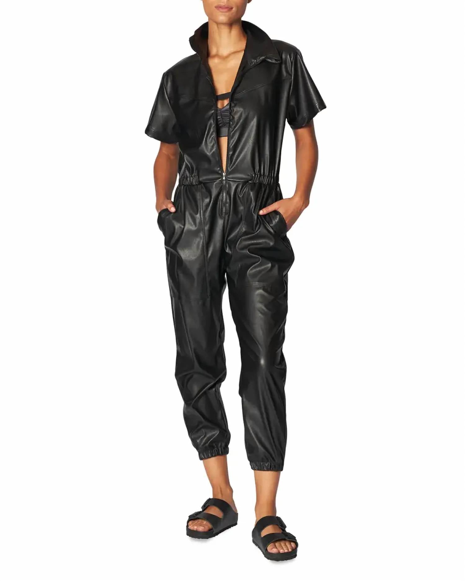 HEROINE SPORT WORK FAUX-LEATHER ZIP-FRONT JUMPSUIT in black - women's pants