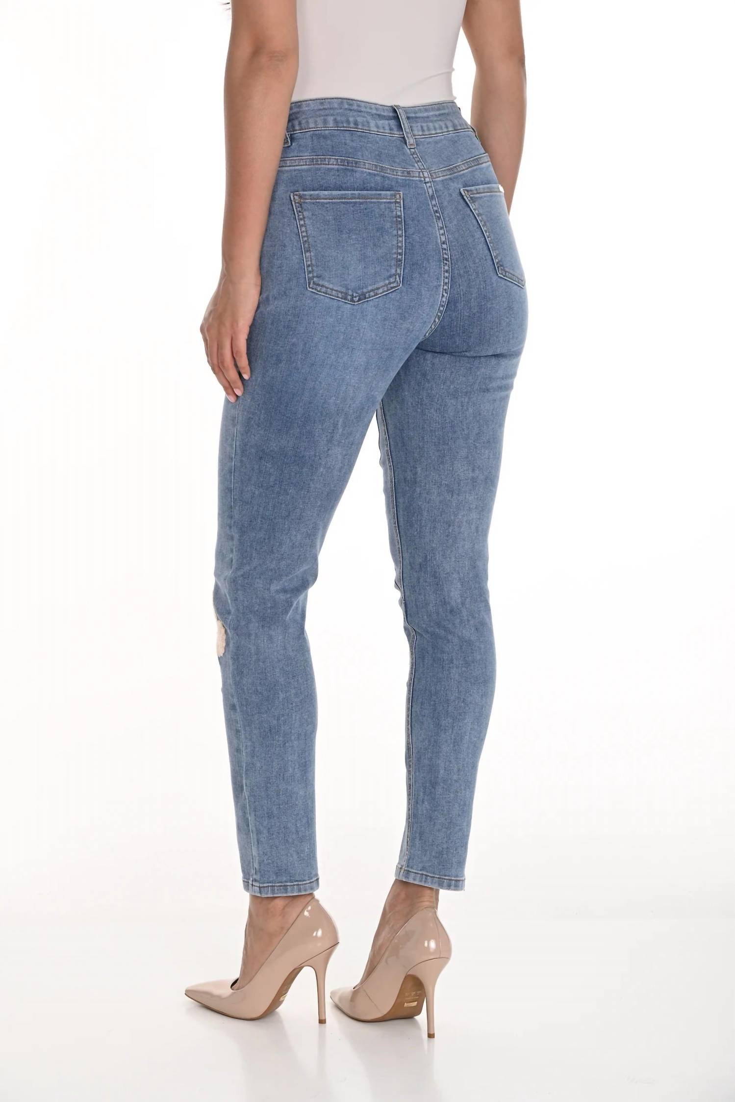Frank Lyman Freesia Floral Embroidered Denim Jean in light blue pinks and white - women's jeans - detail view