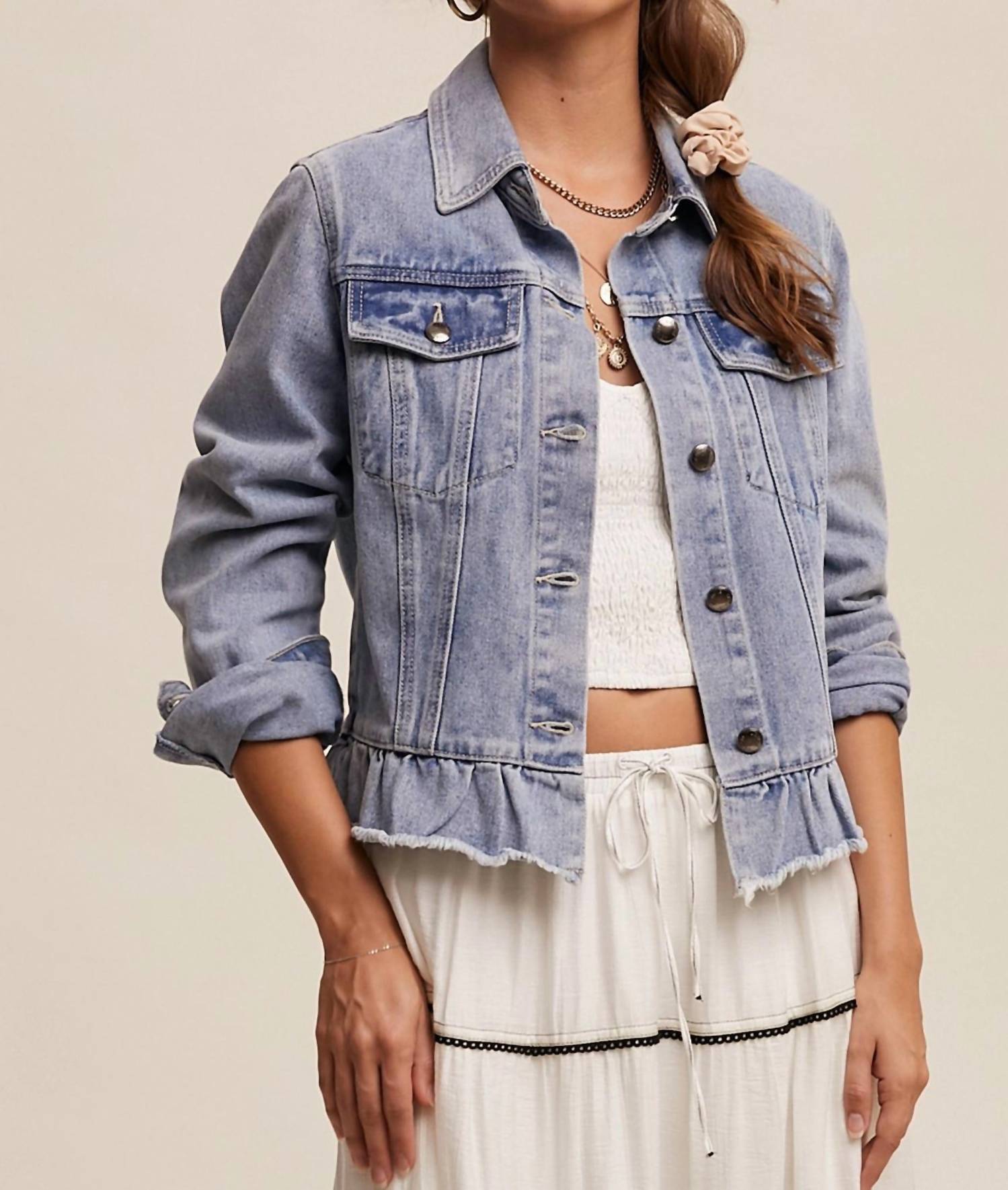 Listicle - Ruffled Hem Denim Jacket