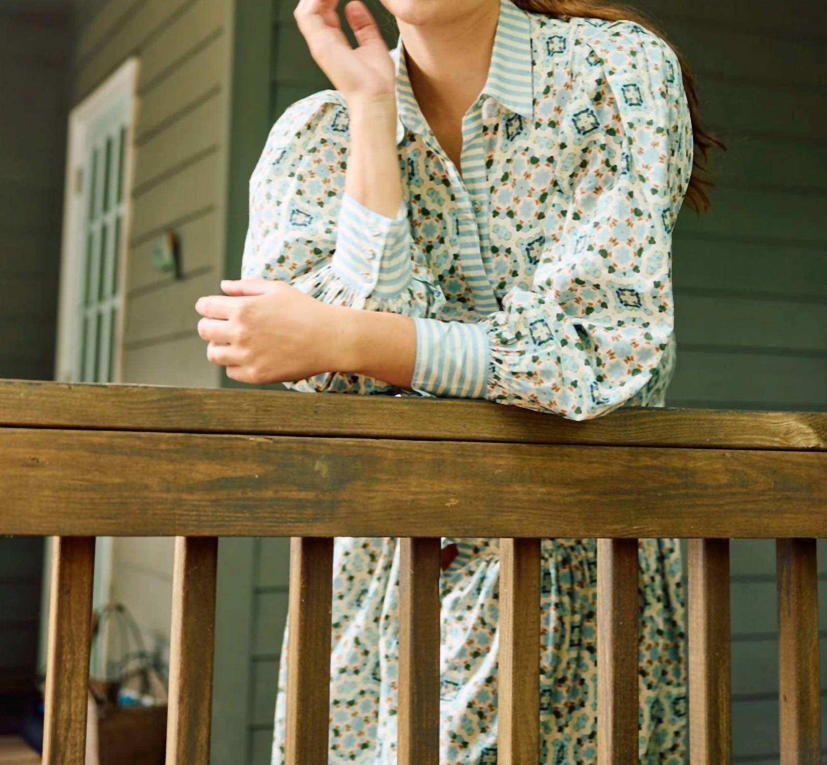 BROOKS AVENUE Laura Long Sleeve Dress in quatrefoil blue ivory - women's dress - alternate view