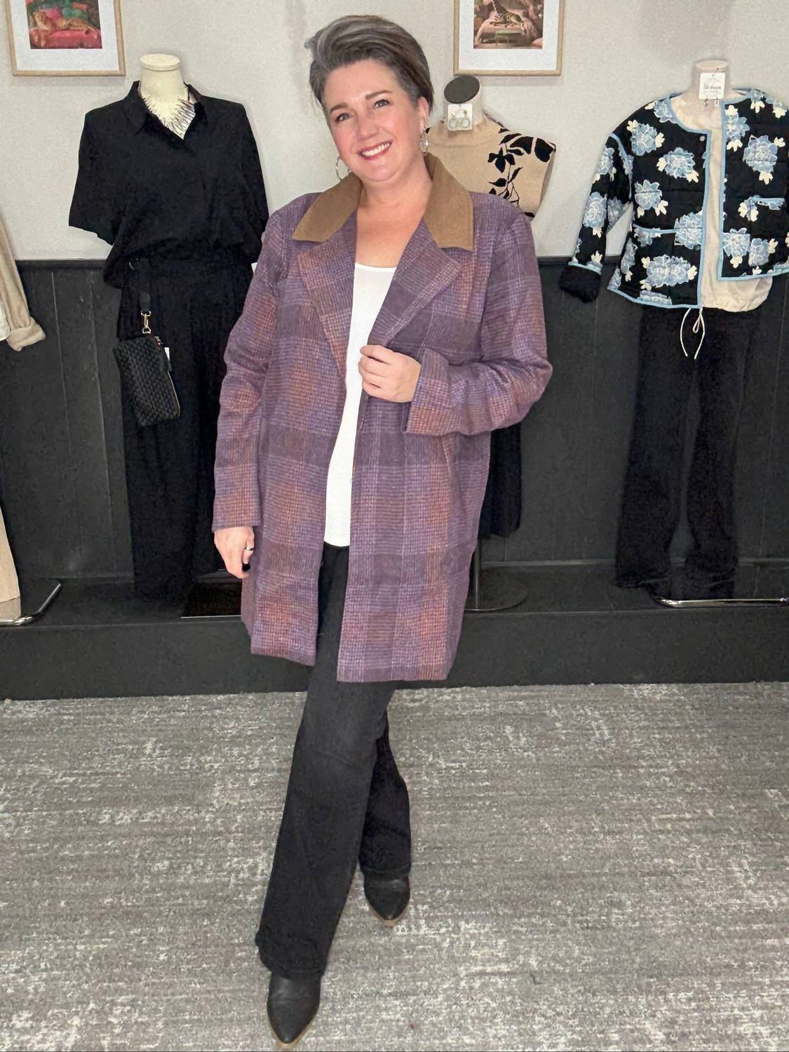 Hem & Thread - Brushed Plaid Coat With Contrast Collar