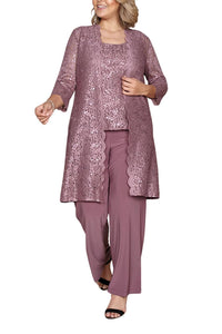 R&M Richards - Metallic Lace Tank Top And Pant Set With Sheer Lace Jacket