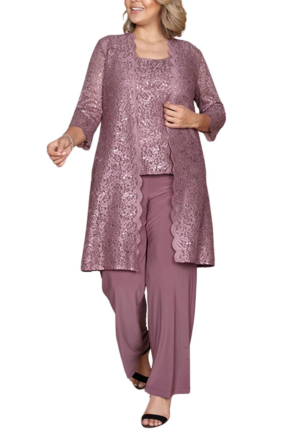 R&M Richards - Metallic Lace Tank Top And Pant Set With Sheer Lace Jacket