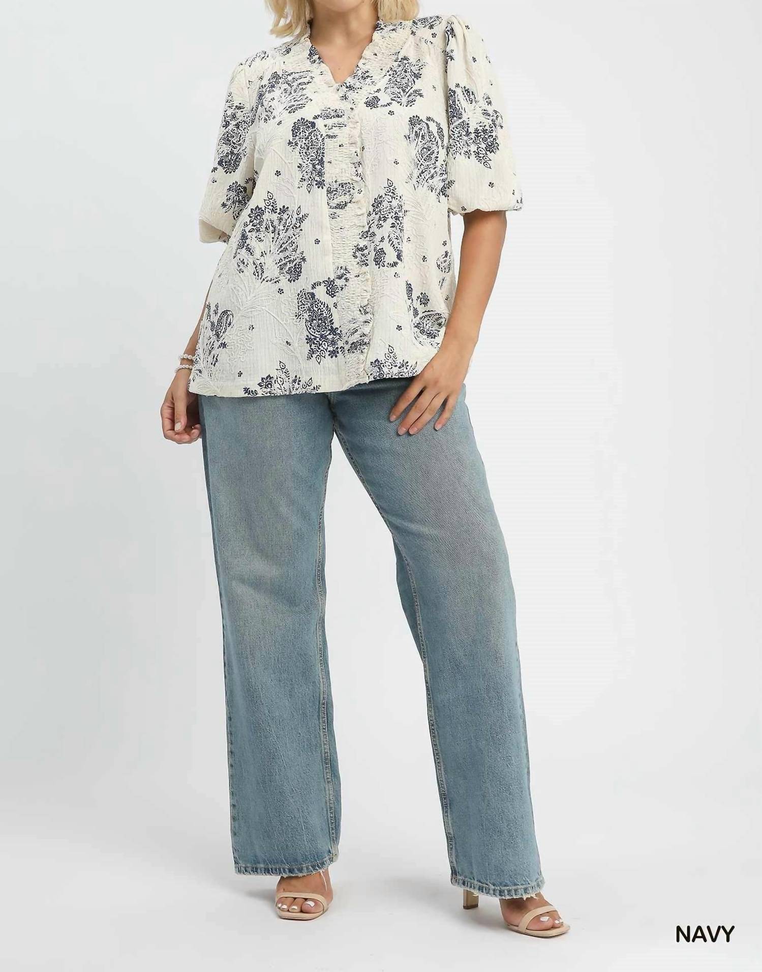 Umgee - Floral Embroidered Blouse With Ruffle Trim