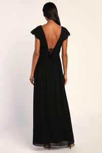 Lulus I'm All Yours V-neck Ruffled Chiffon Maxi Dress in black - women's dress - detail view